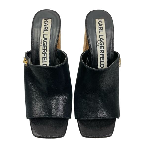 Karl Lagerfeld Paris | Henlsey Black Leather Cork Platform Block Heel Sandals - Picture 3 of 11